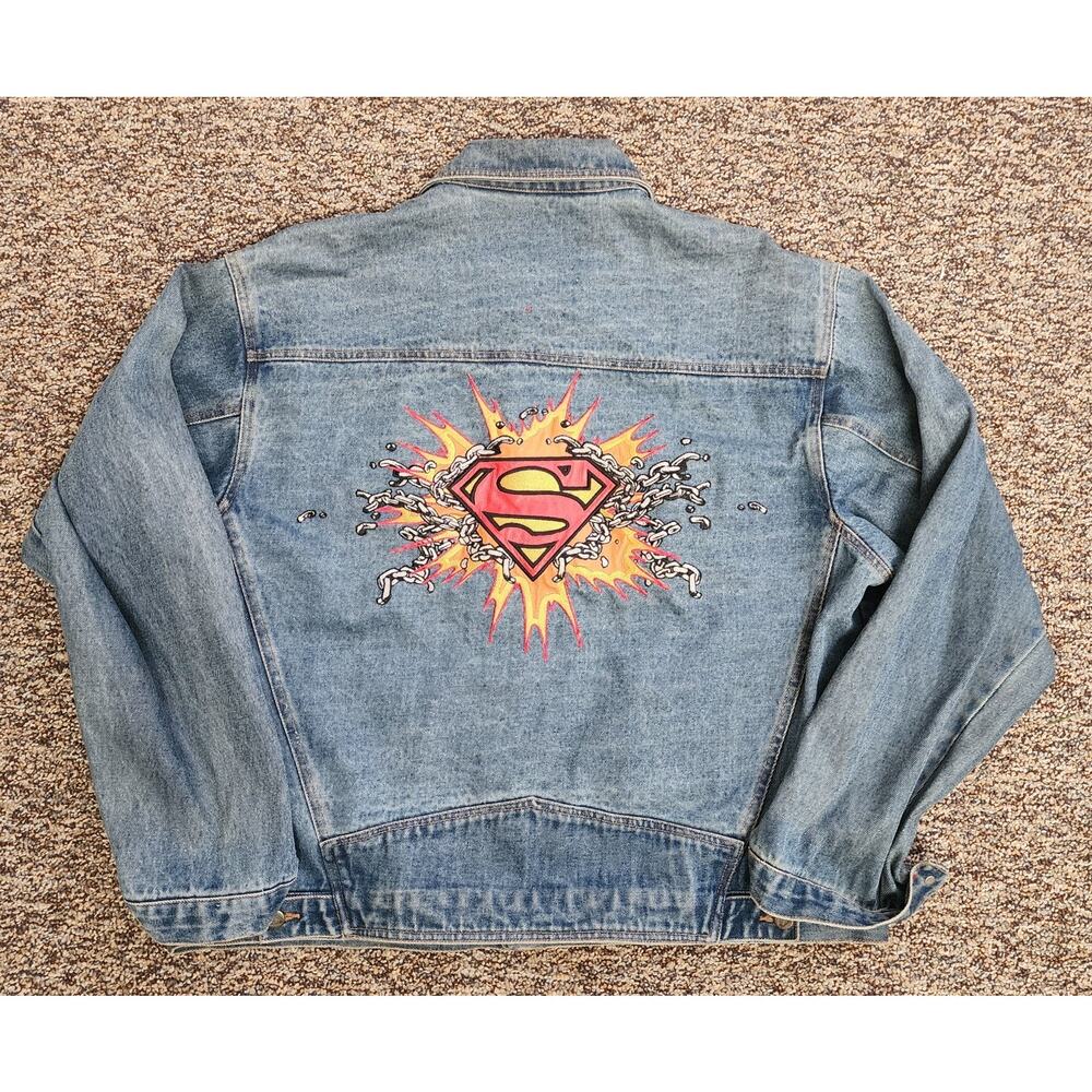 Vintage Warner Bros Superman Denim Jacket XL Superman Chain Logo Back 80s/90s